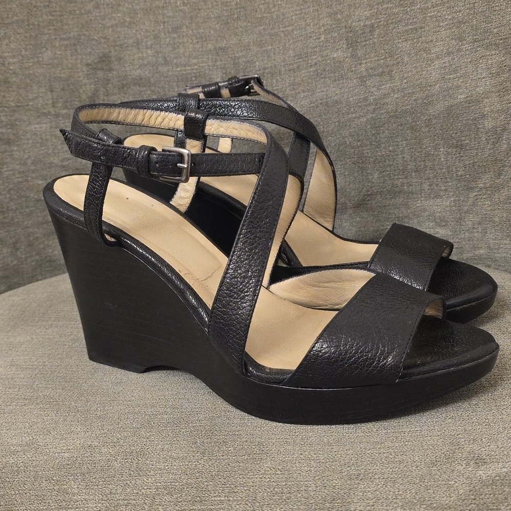 Max Mara Leather Wedge Platform Size 37 US 7 Black Open Toe